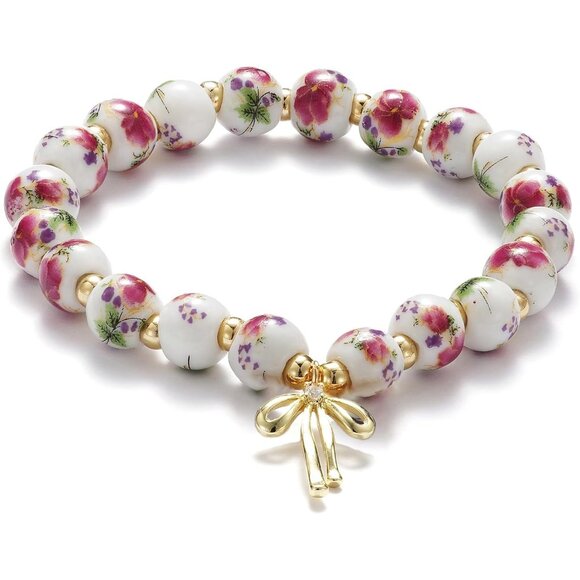 Red with Gold Flower Handmade Stretch Dainty Bead Bow Charm Bracelet for Women - Picture 2 of 2